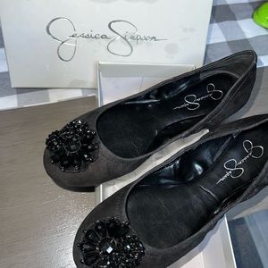 Jessica Simpson suede ballet flats with black crystal embellishments in box.
